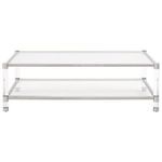 Rectangular transitional coffee table with tempered glass top and shelf, stainless steel frame, and clear acrylic legs