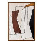 Voyager framed painting with abstract shapes in mustard yellow, deep red, black lines on textured white canvas in a wood f...