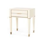 Hunter 2-Drawer Side Table in ivory leather with antique brass accents and tapered legs