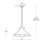 Line drawing with dimensions showing pendant height, shade diameter, and ceiling mount size