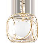 Large pendant light with a white opal glass globe encased in a gold six-circle metal cage