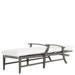Side view of chaise lounger fully reclined with no cushion, gray aluminum frame slatted seat and backrest