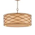 Pendant hanging from ceiling fixture with chain, showing full profile and integrated lighting