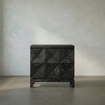 Black walnut Musashi console table with 2 drawers featuring grid of faceted drawer fronts and monolithic silhouette