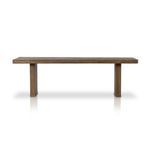 Front view of bench highlighting thick top and solid block legs in heritage brown wood