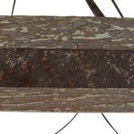 Close-up of wooden ring with textured weathered finish and metal band with rust patina