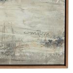 Close-up of canvas bottom right showing artist signature in dark gray on cream textured background
