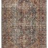 Traditional rectangular rug with distressed medallion motif in red, blue, cream, taupe, gray, tan, and green