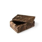 Brown Emperador rectangular marble box with partially open lid showing rich warm veining