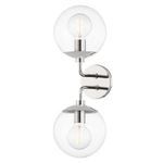 Meadow 2 Light Wall Sconce with two clear glass globes and brushed nickel steel fixtures mounting vertically on a round wa...