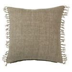 Square sage linen pillow shown at slight angle revealing subtle texture and tassel detail