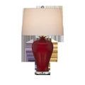 Imperial Red Table Lamp with deep red ceramic base, clear round acrylic pedestal, and cream tapered drum shade