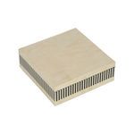 Square striped box viewed from elevated angle highlighting smooth cream top and striped sides