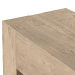 Close-up of dovetail joinery and rustic texture on top corner of Abaso Console Table