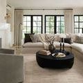 Arden rug styled in a modern living room under a black oval coffee table and light sectional sofa