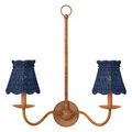 Wooden double-arm sconce with ring detail at top holding two indigo woven tapered chandelier shades