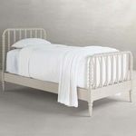 Jennifer Twin Bed in distressed antique white with spindle headboard and footboard on tapered legs