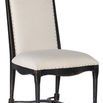 Ciao Bella Upholstered Side Chair with soft gray-white fabric, tiny tack-nail trim, curved scalloped seat base, and inters...