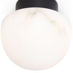 Tighter close-up focusing on alabaster globe texture and veins under the oil rubbed bronze canopy