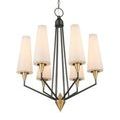 Unlit chandelier viewed at angle showing eight shades and angular frame with bronze and brass finish