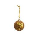 3-inch round brown and gold flocked glass ornament with metallic sheen and hanging gold string