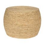 Gently rounded wide accent table handwoven from natural corn rope with tight spiral weaving and warm beige tones