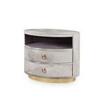 Julius 2-Drawer Side Table with rounded silhouette, light faux fur upholstery, gold circular drawer pulls, and gold base