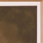 Close-up of upper right corner showing fabric texture with brass tacking and natural wood frame