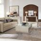 Modern Mood Rectangle Cocktail Table in bright room with linen sofa, armchair, and decorative wooden arch