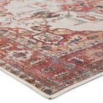 Close-up showing texture and woven edge of the medallion patterned rust and beige rug