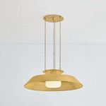 Woodrow Pendant suspended from ceiling with brass canopy, shown in room context