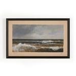 Landscape painting of ocean waves under a cloudy sky in a distressed black Brimfield pine frame