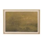 Expanse painting displayed on beige textured wall above rustic wooden console table with decorative objects.