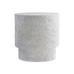 Pincio side table with round shape, smooth top, textured faux stone Millstone finish, and plinth base