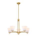 Kohlman chandelier lit, showing glow through white opal glass shades
