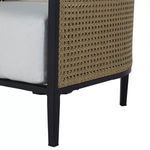 Detail of resin weave extending down to chair frame and legs in black finish