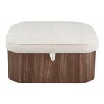 Sonny ottoman with walnut veneer base and flecked oatmeal fabric cushioned top with piping and rounded corners