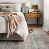 Different angle of bedroom layout showing more of the rug floor space beside the bed and slip-on slippers