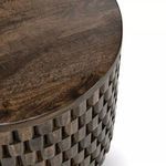Close-up of Norwood round table top showing smooth mango wood grain and finish