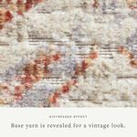 Extreme close-up of rug pile detail highlighting distressed effect and varied yarn texture in oatmeal, lavender, and orange