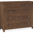Driftwood five-drawer chest in Worn Saddle finish with burnished wood and round metal knobs