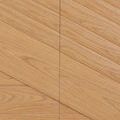 Close-up on angled wood grain pattern meeting at center seam on credenza doors