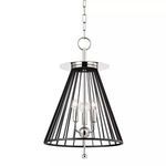 Black cage-frame cone pendant with polished nickel candelabra of cylinders and spheres inside