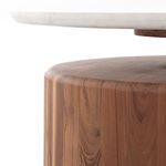 Close-up side view showing rounded teak wood base with smooth finish beneath marble top