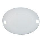 White 16 inch oval ceramic stoneware platter with scalloped pearl edge detail