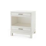 Repeat of main view showing Florence 2-Drawer End Table in sand white with open shelf and drawer