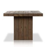 Front view emphasizing rich brown wood planks and smooth finish of table base
