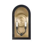Similar arched outdoor lantern with lights turned off, showing clear glass and black metal frame details