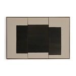 Raw canvas panels with dark black-gray rectangles mounted side by side in walnut frame