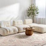 Rug styled in bright living room with cream sofa, wooden round table, and potted plant by sheer curtains